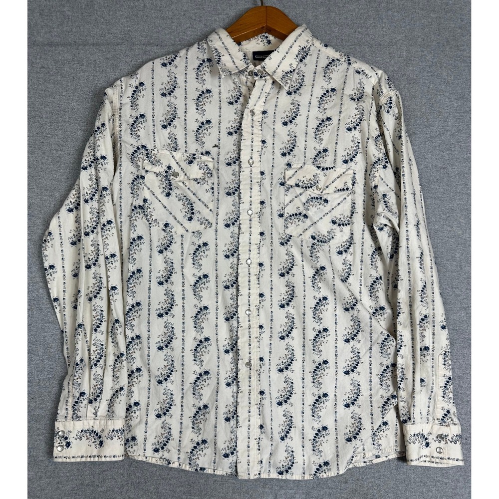 Vintage Western Pearl Snap Shirt Mens L 80s Cream Blue Floral Stripe Cotton